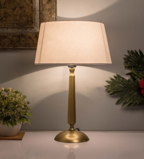Classic Cubist Gold Brushed Lamp With White Drum Shade