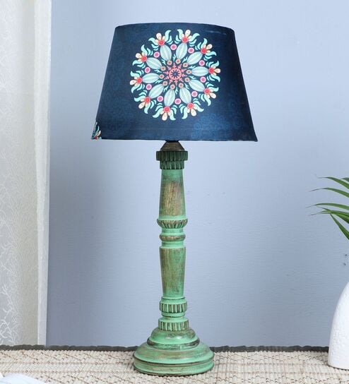 Classic European Style Inspired Mangowood Aqua Green Table Lamp With French Floral Print Satin Shade