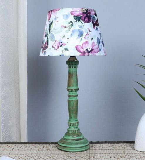 Classic European Style Inspired Mangowood Aqua Green Table Lamp With French Cobra Saffron Print Satin Shade