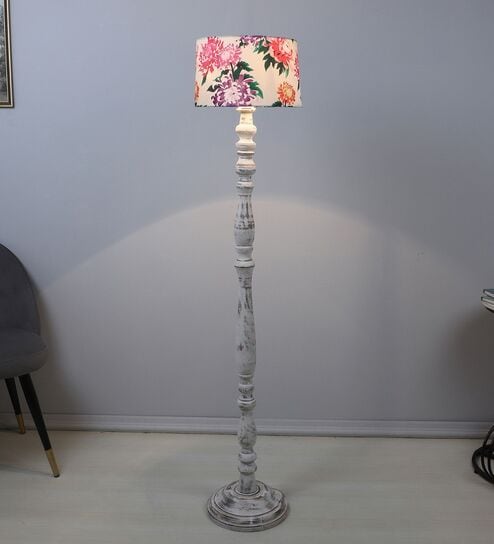 Classic Rustic White Mango Wood Base Floor Lamps Carnation Print Satin Shade
