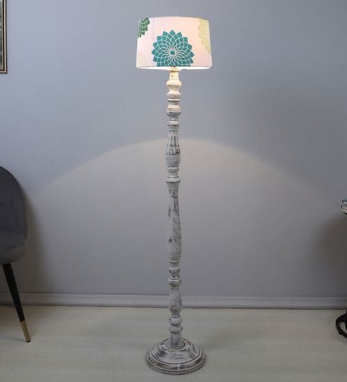 Classic Rustic White Mango Wood Base Floor Lamps Dahlia Floral Print Satin Shade