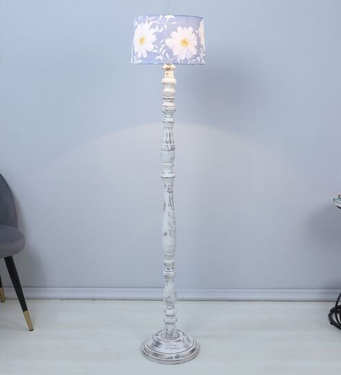 Classic Rustic White Mango Wood Base Floor Lamps Narcissue Floral Print Satin Shade