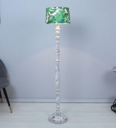 Classic Rustic White Mango Wood Base Floor Lamps Palm Print Satin Shade