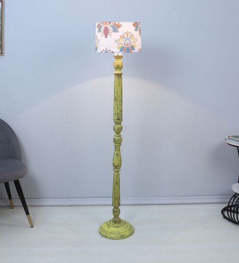 Classic Rustic Yellow Mango Wood Base Floor Lamps English Oak Print Satin Shade