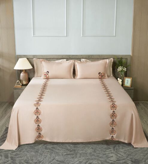 Classic Sand 300TC 100% Cotton Solids Flat Embroidered Super King Bedsheet With 2 Pillow Covers