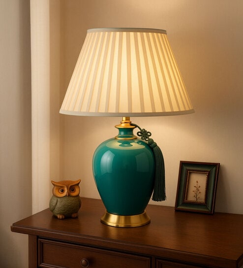 Classic Teal Ceramic Table Lamp with Pleated Shade & Tassel Accent   Elegant Bedside Light