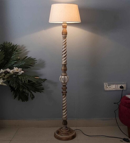 Classic Twister Antique White Finish Wooden Floor Lamp with Khadi Shade