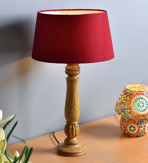 Classic Victorian Natural Wood Table Lamp With Blue Shade