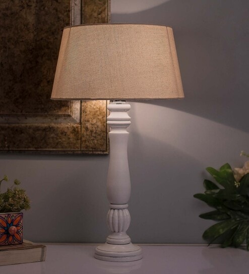 Classic Victorian White Wood Table Lamp With Khadi Shade