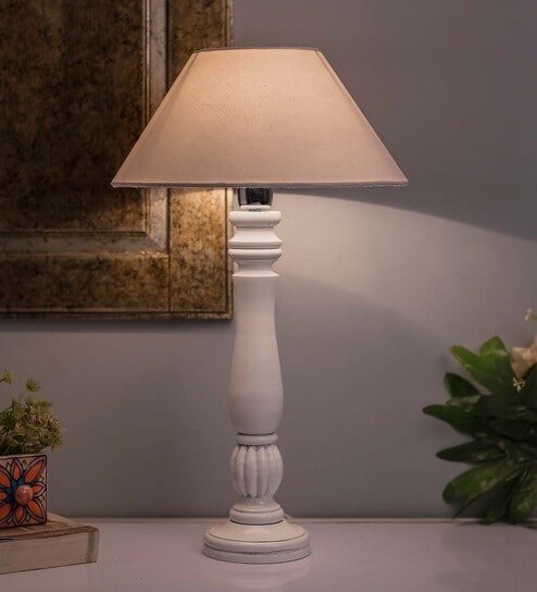 Classic Victorian White Wood Table Lamp With White Shade