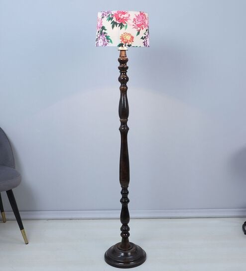 Classic Vintage Brown Mango Wood Base Floor Lamps Carnation Print Satin Shade