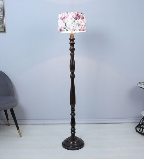 Classic Vintage Brown Mango Wood Base Floor Lamps Cobra Saffron Print Satin Shade