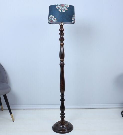 Classic Vintage Brown Mango Wood Base Floor Lamps French Floral Print Satin Shade