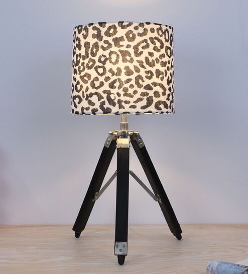 Classic Vintage Tripod Black Mangowood Table Lamp With Leopard Print Satin Shade