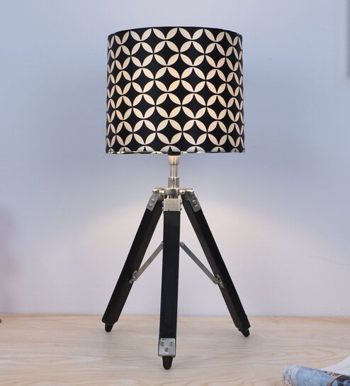 Classic Vintage Tripod Black Mangowood Table Lamp With Geometric Print Satin Shade
