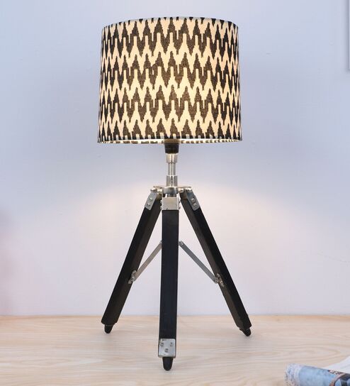 Classic Vintage Tripod Black Mangowood Table Lamp With Chevron Print Satin Shade