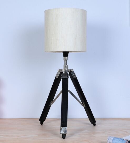 Classic Vintage Tripod Black Mangowood Table Lamp With Off White Satin Shade