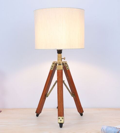 Classic Vintage Tripod Brown Mangowood Table Lamp With Off White Cotton Shade