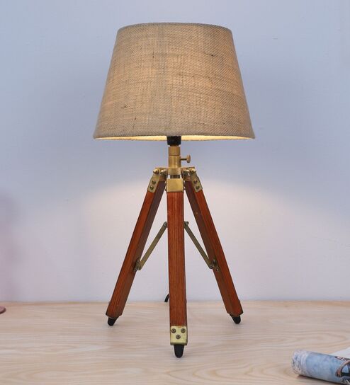 Classic Vintage Tripod Brown Mangowood Table Lamp With Beige Jute Shade
