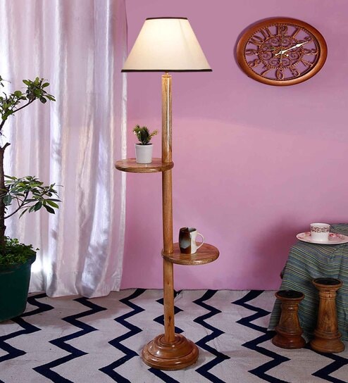 Classic Wooden Floor Lamp  with Cotton Shade (Natural & Multicolor)