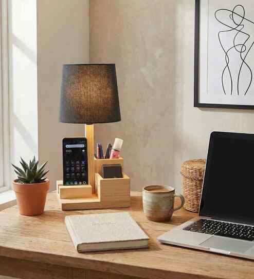 Classic Wooden Shelf Table Lamp with Jute Shade & Brown Base