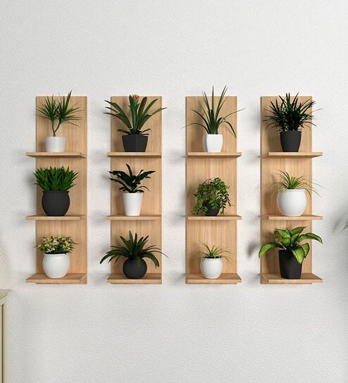 Classic Wooden Vertical Wall Shelf with Light Oak Finish Set of 4