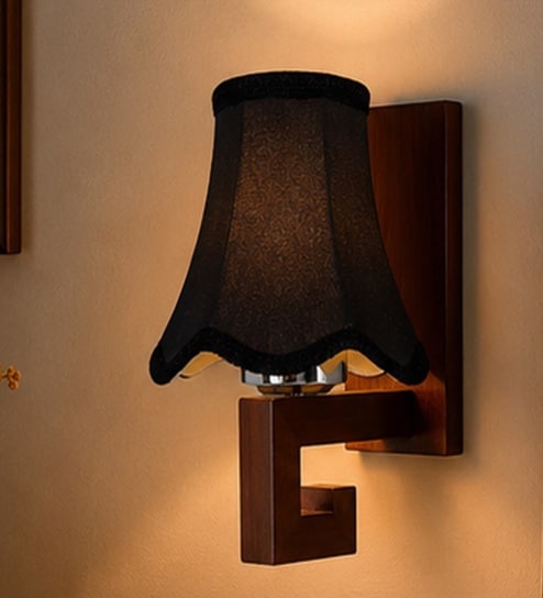 Classic Wooden Wall Lamp with Black Cotton Shade