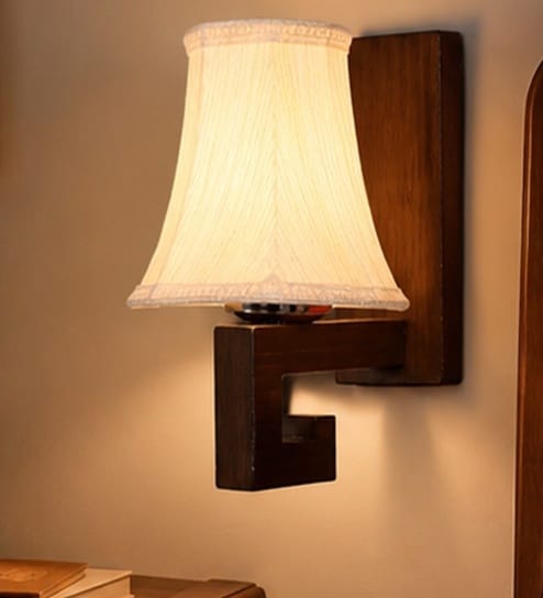 Classic Wooden Wall Lamp with Off-White Cotton Shade