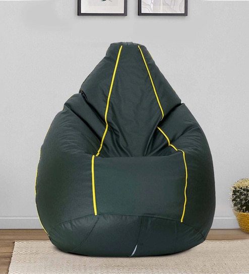 Classic XXXL Leatherette Bean Bag with Beans in Yellow Piping  & Dark Green Colour