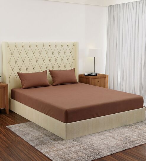 Brown Solid 210 TC Cotton King Sized Bedsheet With 2 Pillow Covers