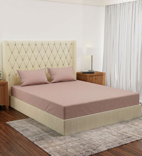 Beige Solid 210 TC Cotton King Sized Bedsheet With 2 Pillow Covers