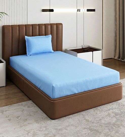 Blue Solid 210 TC Cotton Bedsheet With Single Size Bedsheet With 1 Pillow Cover