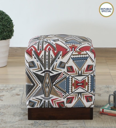 Claude Fabric Pouffe In Provincial Teak Finish