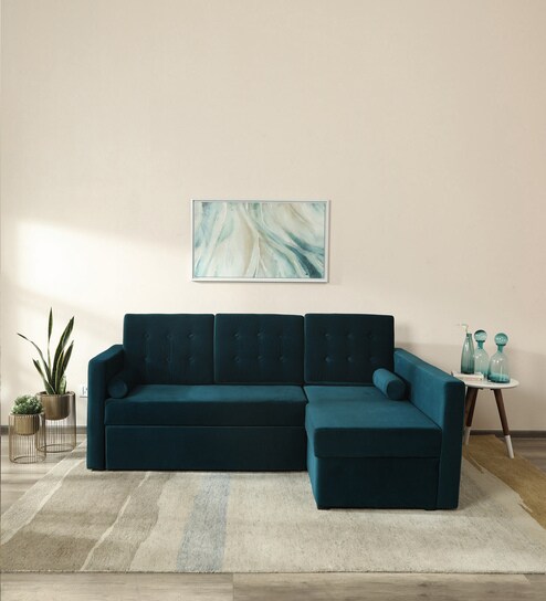 Claven Velvet LHS Pull Out Sofa Cum Bed In Teal Blue Colour With Storage