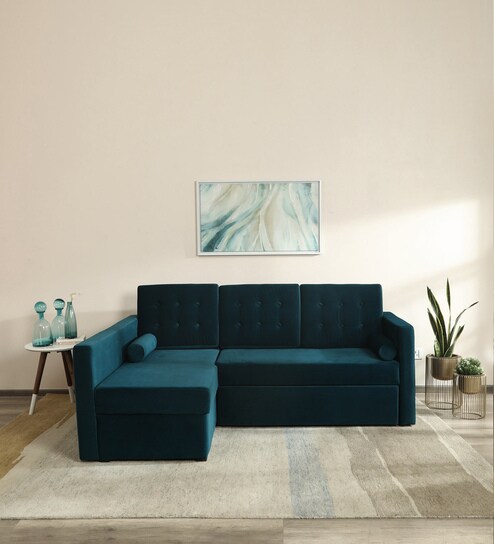 Claven Velvet RHS Pull Out Sofa Cum Bed In Teal Blue Colour With Storage