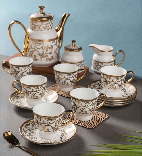 Clay Craft Fine Ceramic Classic Ebony Tea Set Of 15( 6 Cup, 6 Saucer, 1 Milk Pot, 1 Tea Pot, 1 Sugar Pot) - 160 ml