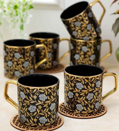 Clay Craft Fine Ceramic Director Ebony Tea/Coffee Cup Set Of 6 - 220 ml each