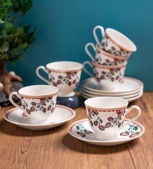 Clay Craft Fine Ceramic Georgian Super Cup & Saucer Set of 12 (6 Cups + 6 Saucer) - 180 ml each