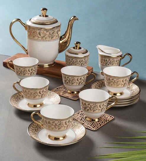 Clay Craft Fine Ceramic New Georgian Tea Set Of 15( 6 Cup, 6 Saucer, 1 Milk Pot, 1 Tea Pot, 1 Sugar Pot) - 160 ml