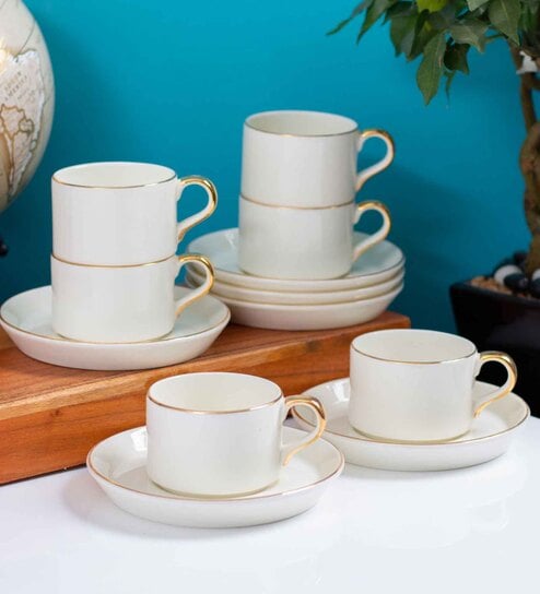 Clay Craft Fine Ceramic Rio Impression Cup & Saucer Set of 12 (6 Cups + 6 Saucer) - 150 ml each