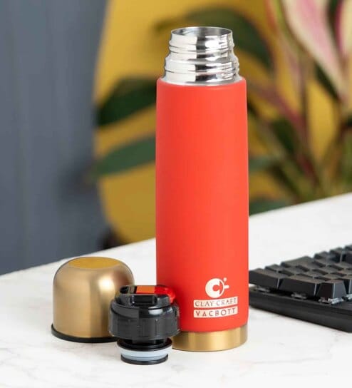 Clay Craft Vacbott Vaccum Bottle, Terra Royal Double Walled 24 Hours Hot and Cold Water Bottle, 500ml (Red) Steel Water Bottles for School, Office, Home, Gym, Leakproof, Rust Free Steel Bottle