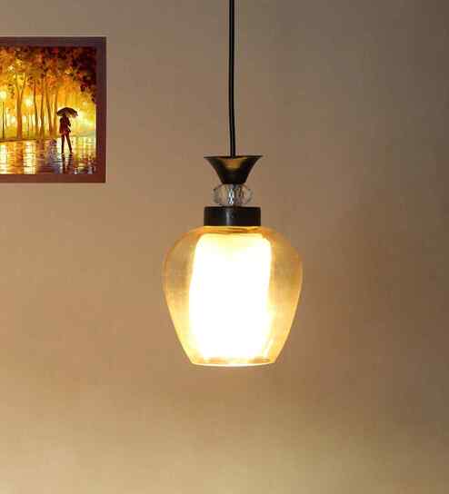 Clear Amber Glass Hanging Lamp With Black Finish