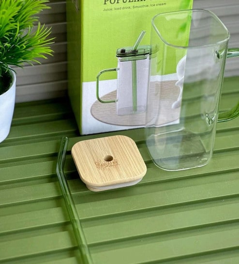 Clear Glass Sipper Cup with Bamboo Lid, Glass Straw & Handle (450 ml)