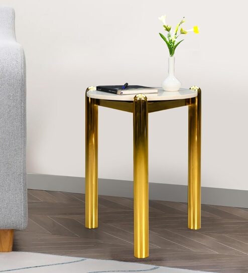 Cleo Metal End Table In White & Gold Colour