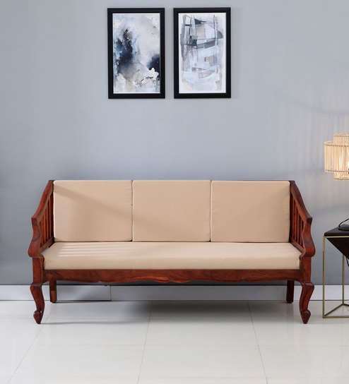 Clifford Sheesham Wood 3 Seater Sofa In Scratch Resistant Honey Oak Finish,