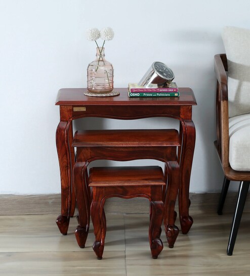 Clifford Sheesham Wood Nest Of Tables In Scratch Resistant Honey Oak Finish