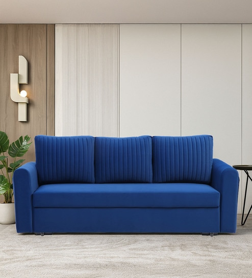 Clifton Velvet Fabric Sofa Cum Bed With Storage in Royal Blue Color