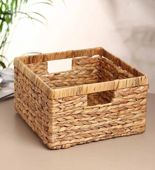 (1Pc) Beige Water Hyacinth Handmade Storage Basket & Wardrobe Organiser