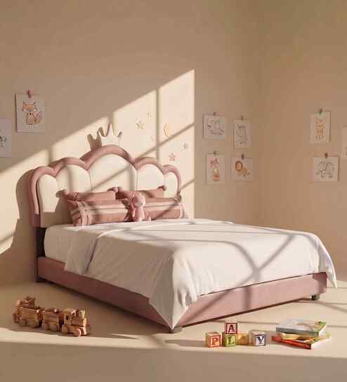 Cloud Crown Leatherette Kids Twin Bed With Box Storage In Pink And White Colour