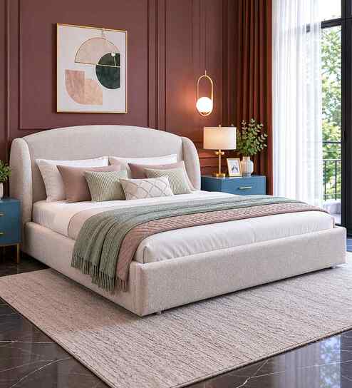 Cloudrest Queen Size Bed With Storage In Beige Colour